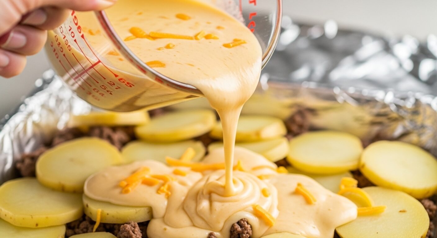 cheesy-hamburger-potato-bake-sauce.jpg Pouring a creamy cheese sauce over layers of sliced potatoes and ground beef in a casserole dish.