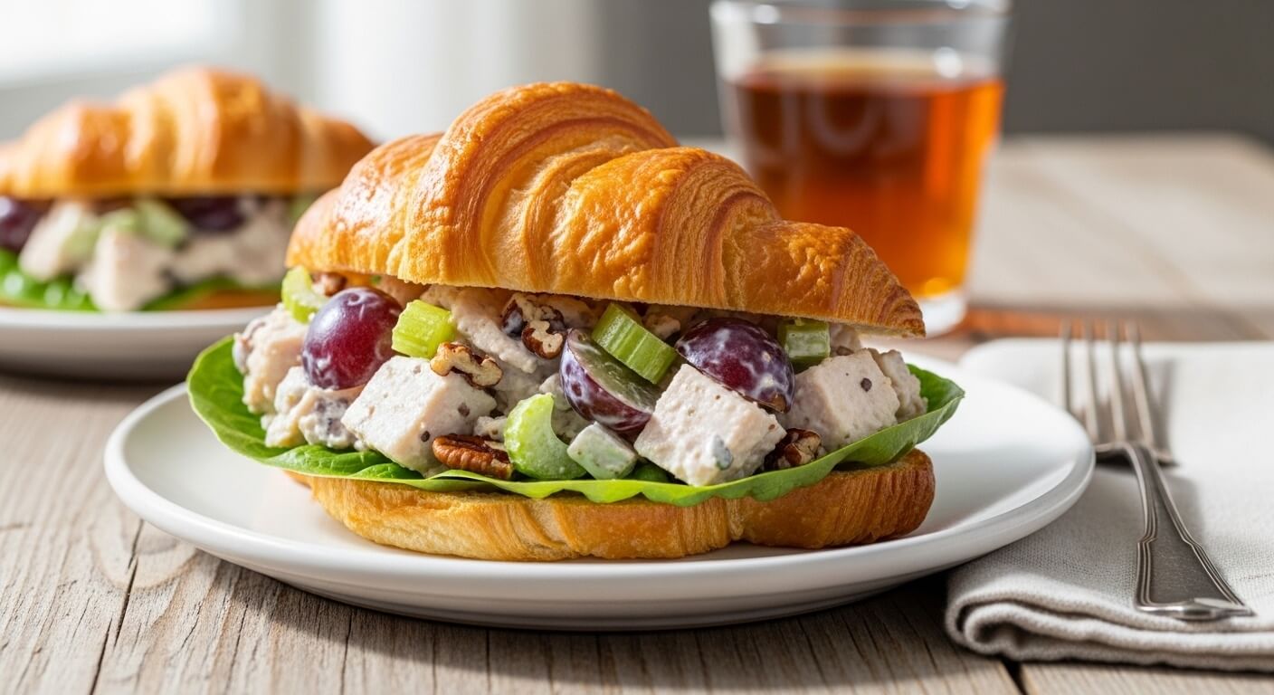 A buttery chicken salad croissant sandwich with grapes and lettuce on a white plate showing a flaky crust.
