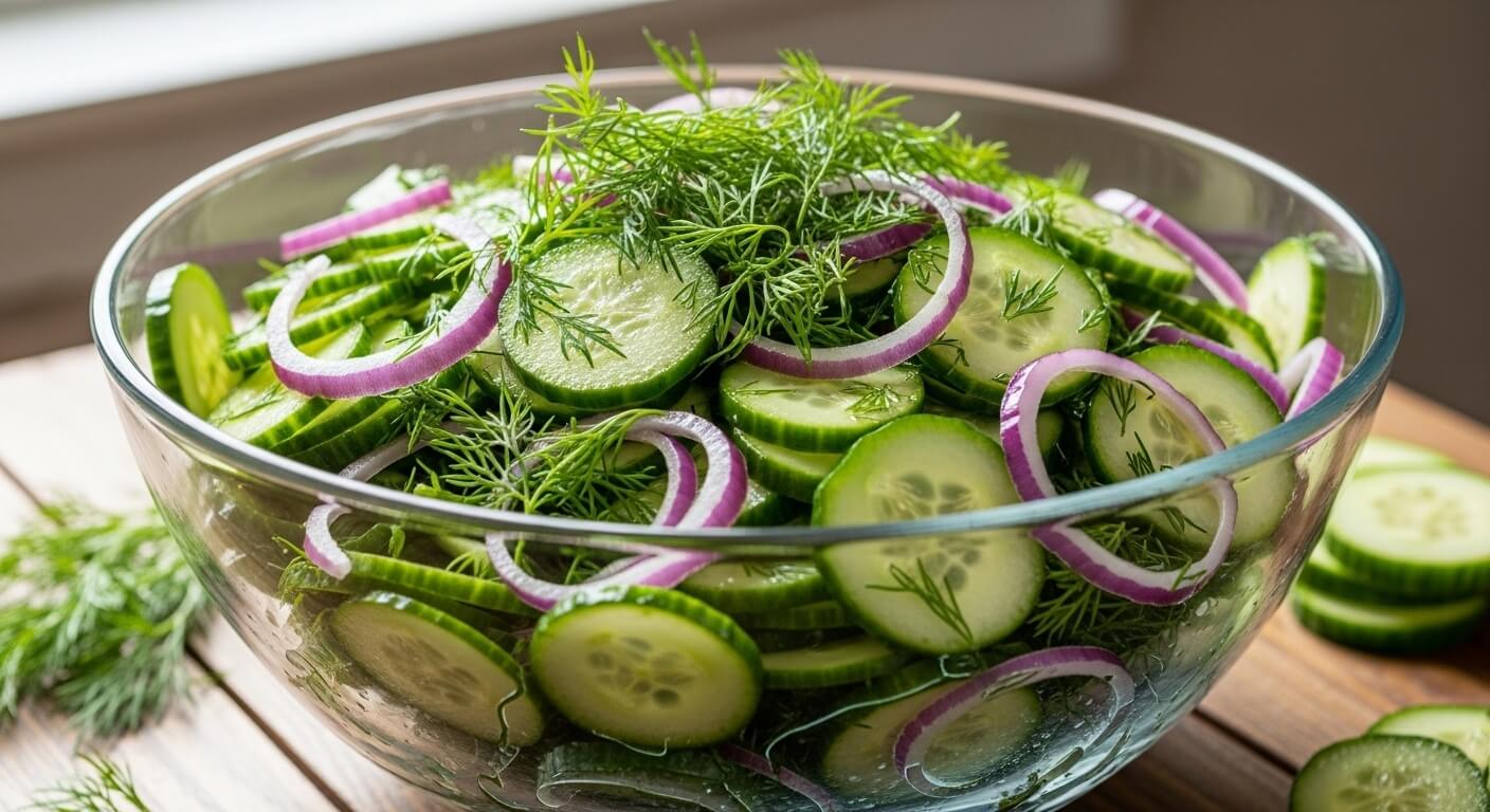 A glass bowl of fresh Cucumber Salad with Dill and red onions on a white wooden table.