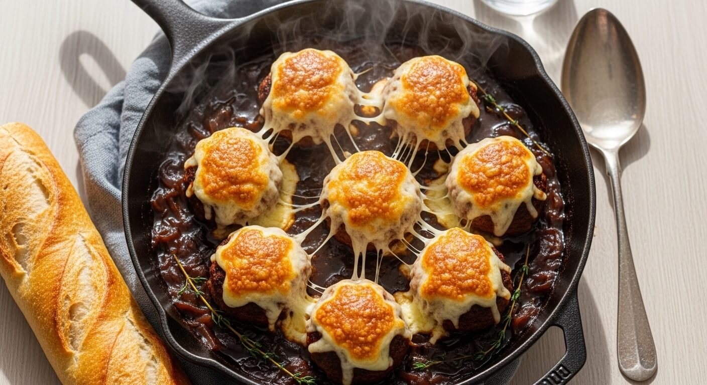 Sizzling French onion meatballs with melted Gruyère cheese and caramelized onion gravy in a cast iron skillet.