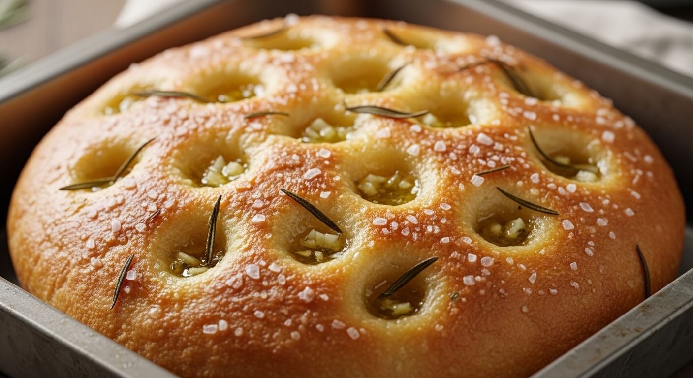 A golden-brown garlic butter focaccia in a rustic pan topped with roasted garlic and fresh rosemary sprigs.