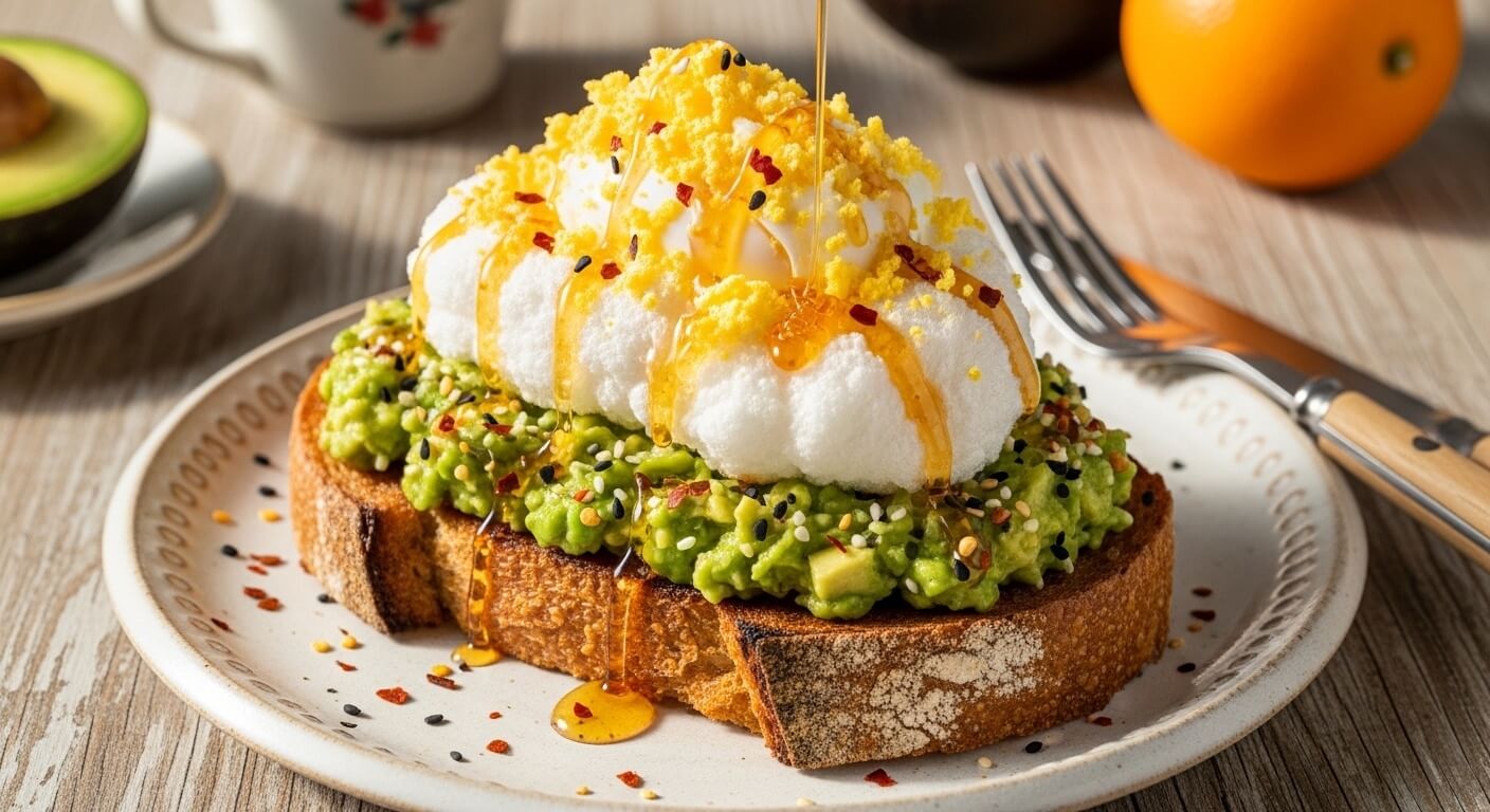 A thick slice of sourdough topped with mashed avocado and a mountain of fluffy grated hard-boiled egg.
