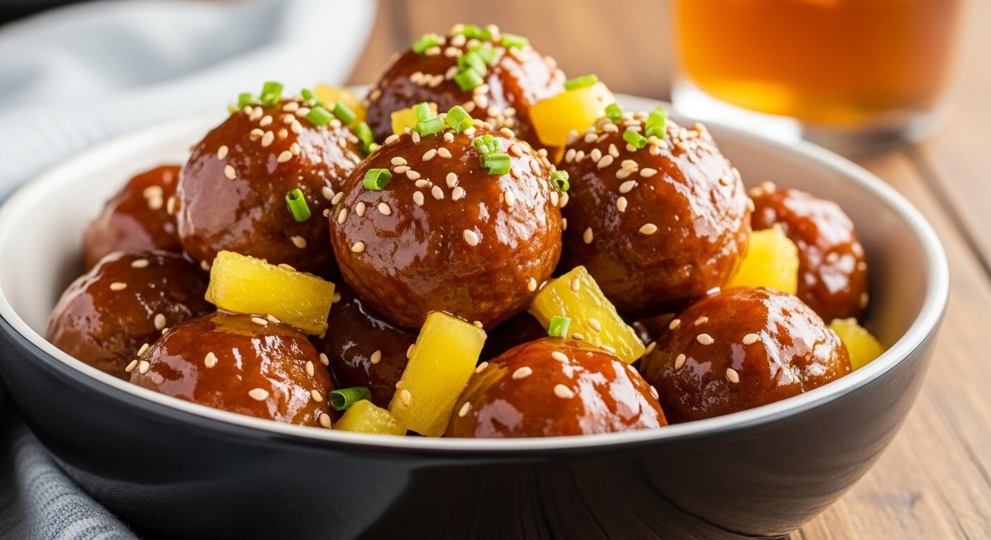 A soulful bowl of sticky Hawaiian crockpot meatballs glazed with BBQ sauce and sweet pineapple tidbits.