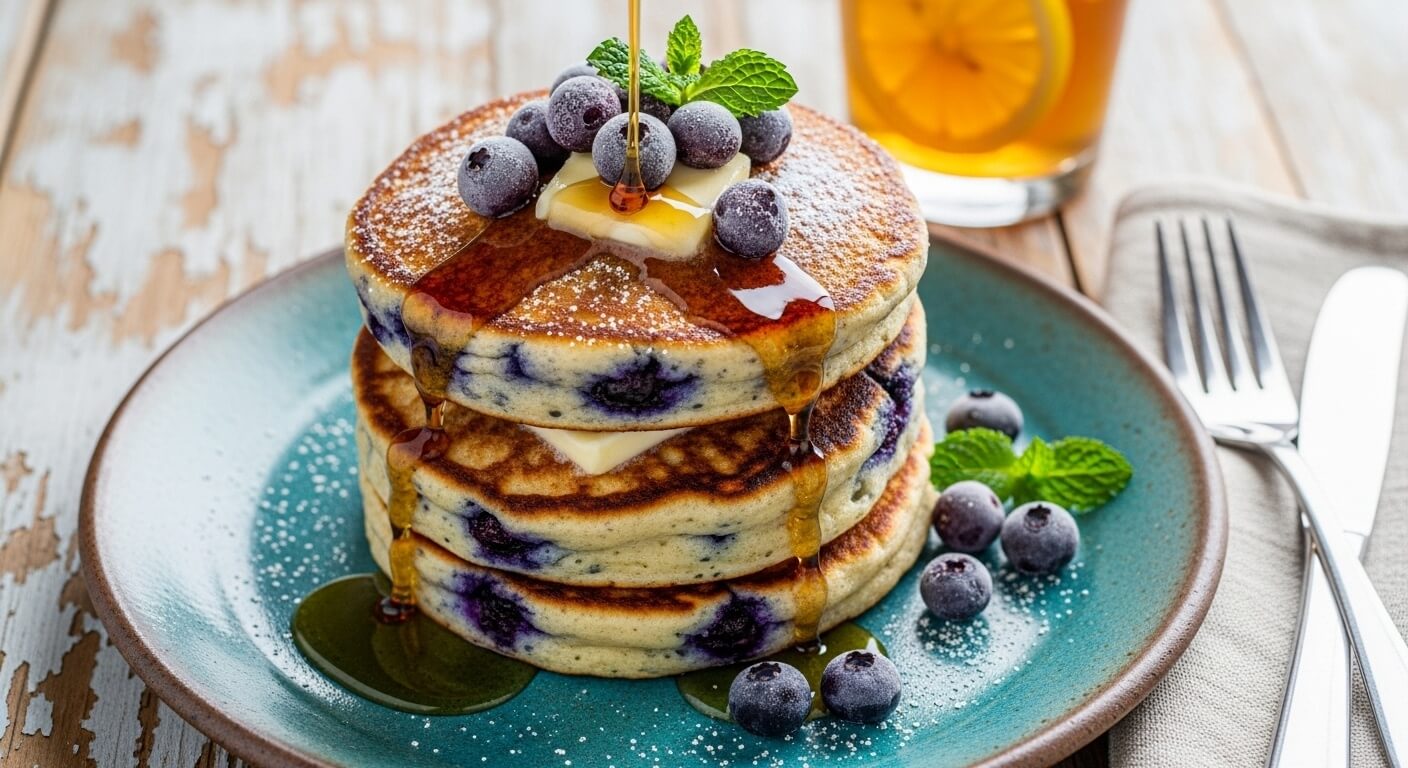 A stack of fluffy Healthy Wild Blueberry Cottage Cheese Pancakes with melting butter and maple syrup on a rustic plate.