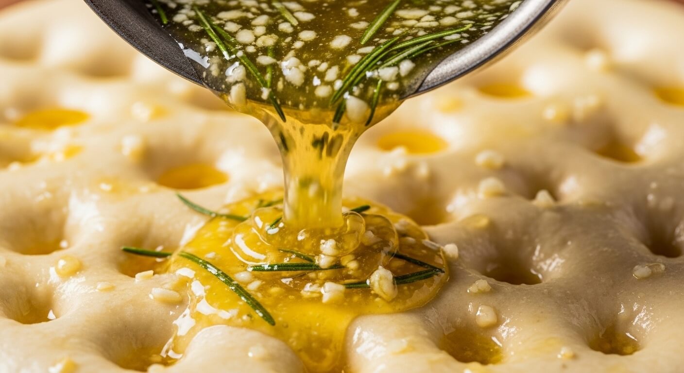 homemade-focaccia-garlic-butter-topping.jpg Pouring melted garlic butter with chopped herbs over a dimpled focaccia dough before baking.