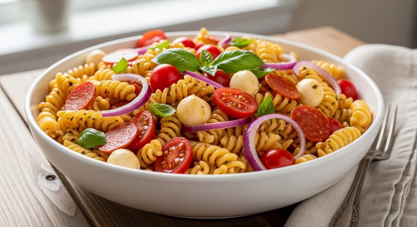 A large bowl of Italian Pasta Salad with rotini, pepperoni, and mozzarella on a wooden table.