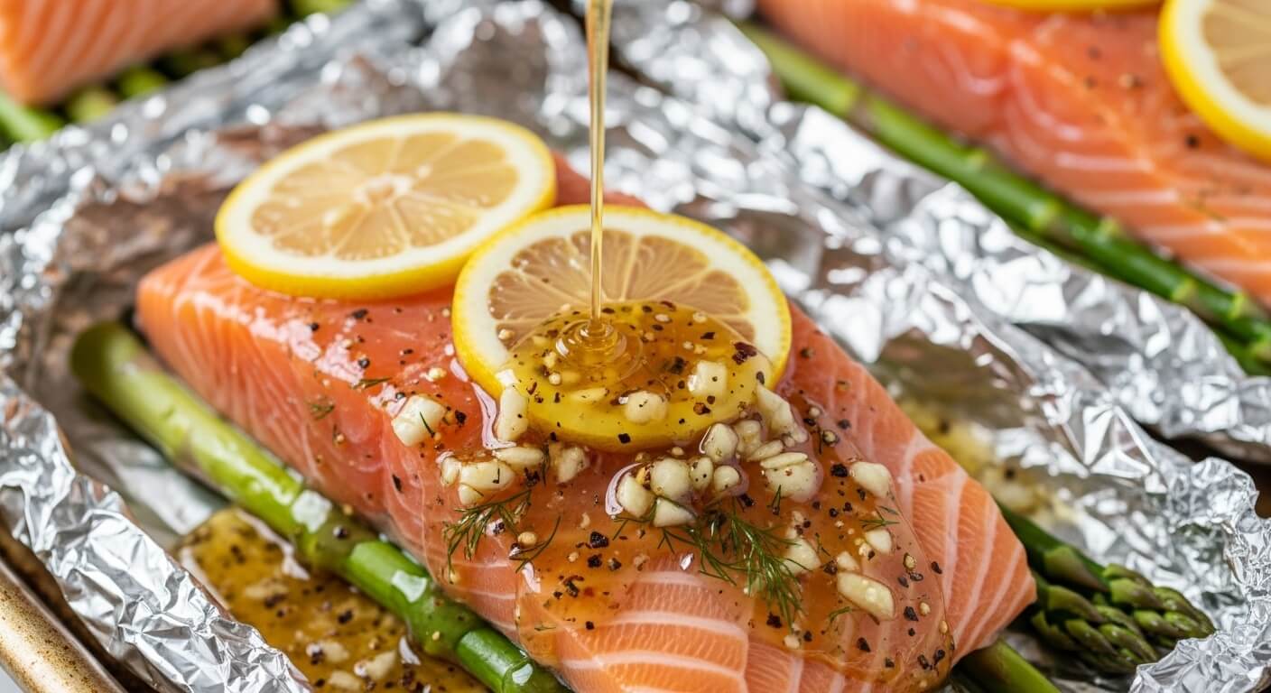 lemon-garlic-butter-sauce-on-salmon.jpg Pouring melted lemon garlic butter sauce over a raw salmon fillet inside a foil packet.
