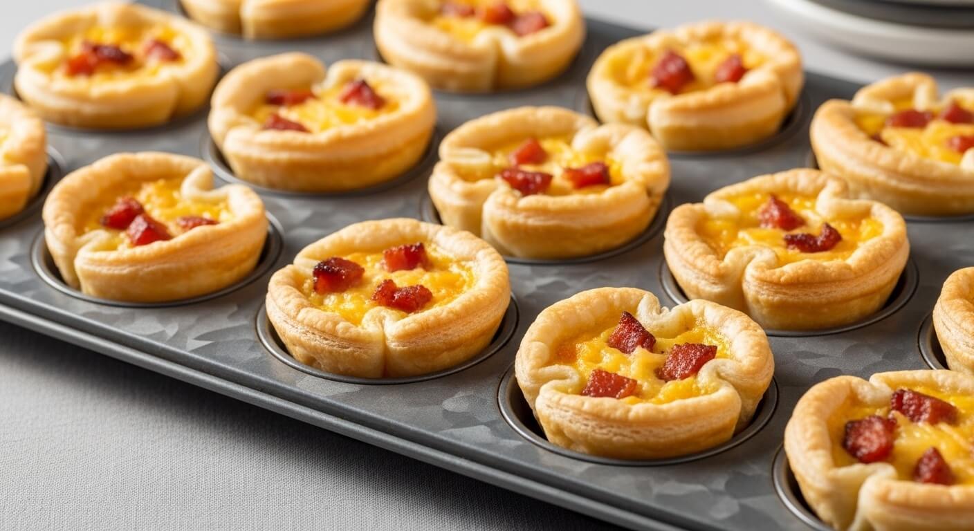 A tray of golden brown Mini Quiche Lorraine bites with flaky crusts and bacon in a mini muffin tin.
