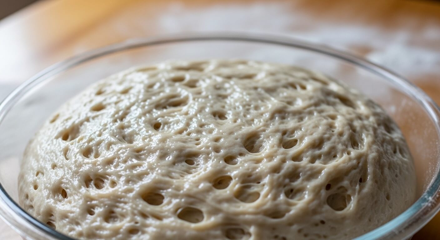 no-knead-focaccia-dough-bubbles.jpg A close-up of wet, bubbly no-knead focaccia dough in a glass bowl after the first rise.