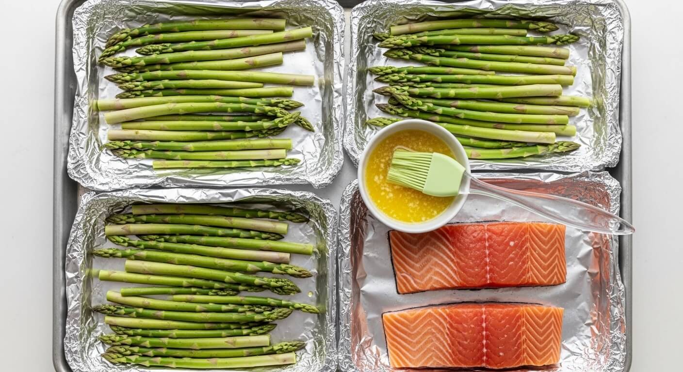 preparing-salmon-and-asparagus-foil-packets.jpg Raw salmon fillets and trimmed green asparagus arranged on heavy-duty aluminum foil sheets for baking.