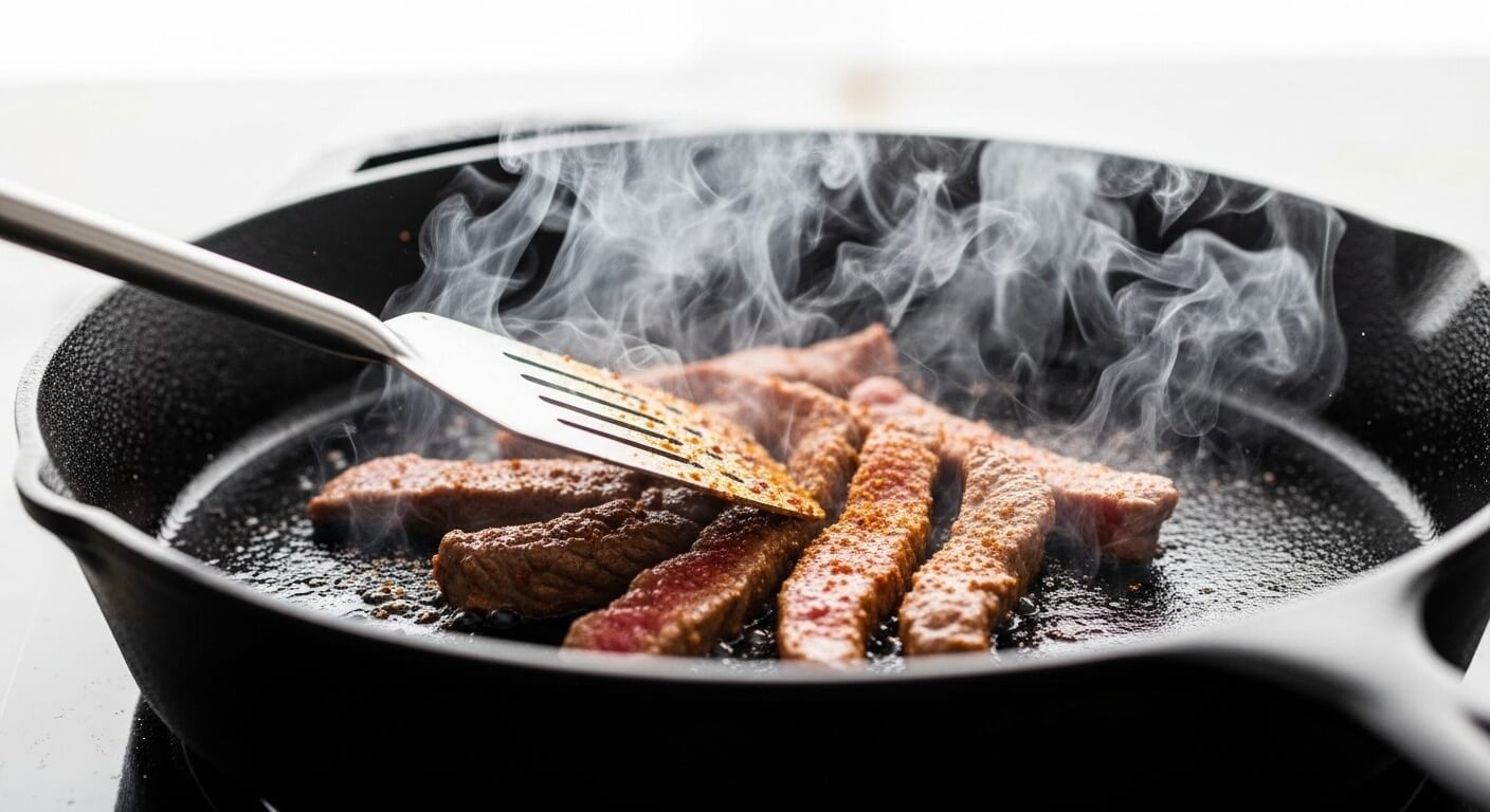 searing-sirloin-steak-fajitas-skillet.jpg Seasoned beef strips searing in a hot skillet with steam rising.