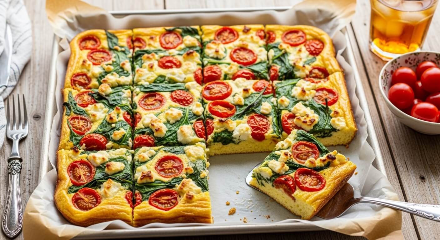 A whole Sheet Pan Spinach Tomato Frittata sliced into squares on a parchment-lined tray.
