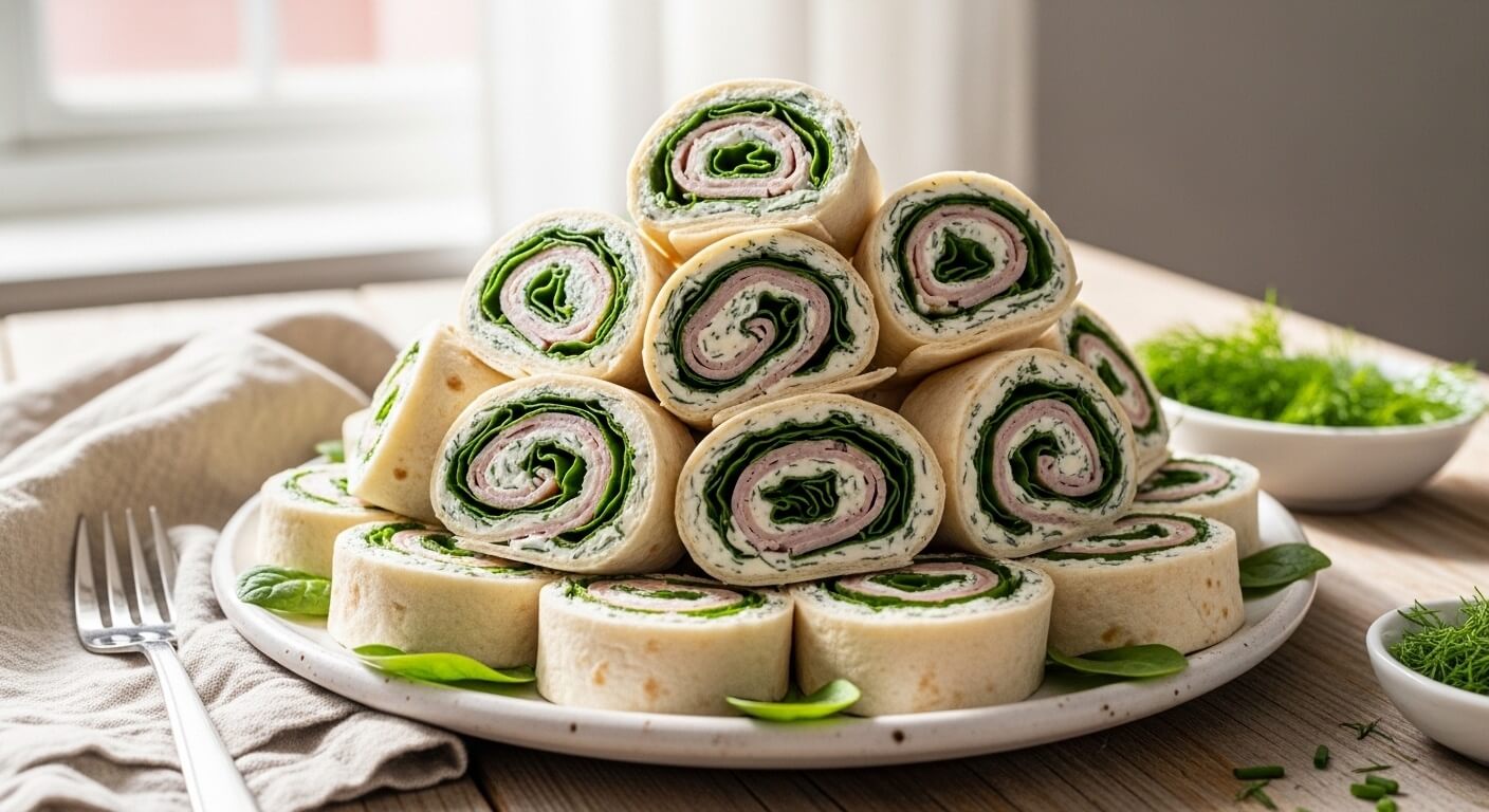 A white platter of Smoked Turkey Pinwheels with herb cream cheese and fresh spinach on an oak table.