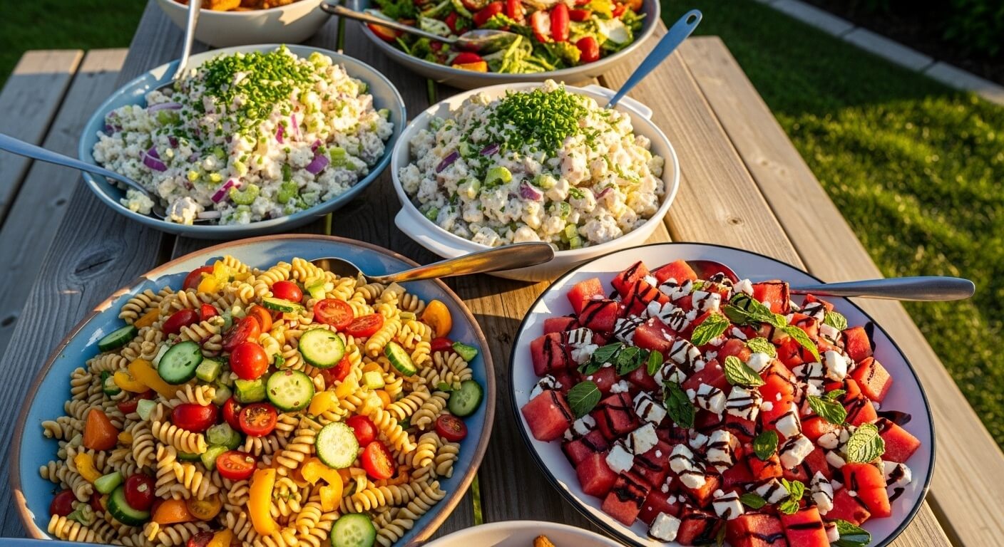 A vibrant outdoor picnic table spread featuring a variety of colorful pasta, potato, and fruit salads in the sun.