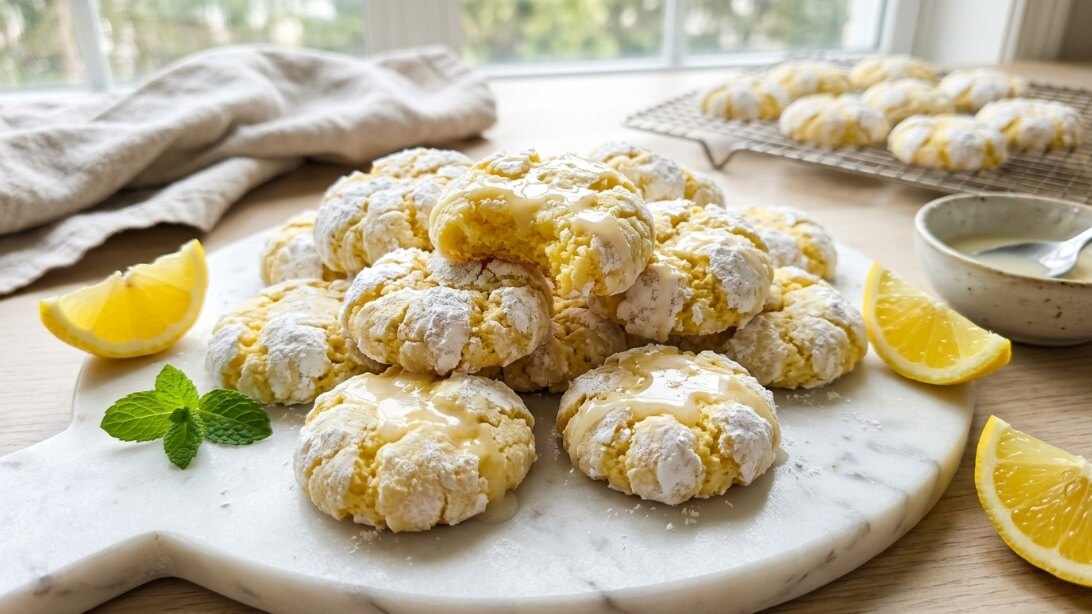 A pile of 3 ingredient lemon cookies with powdered sugar crinkle tops and lemon glaze on a marble slab.