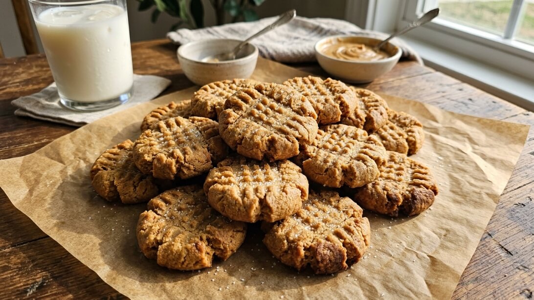 A pile of 3 ingredient peanut butter cookies with criss-cross fork marks on parchment paper.