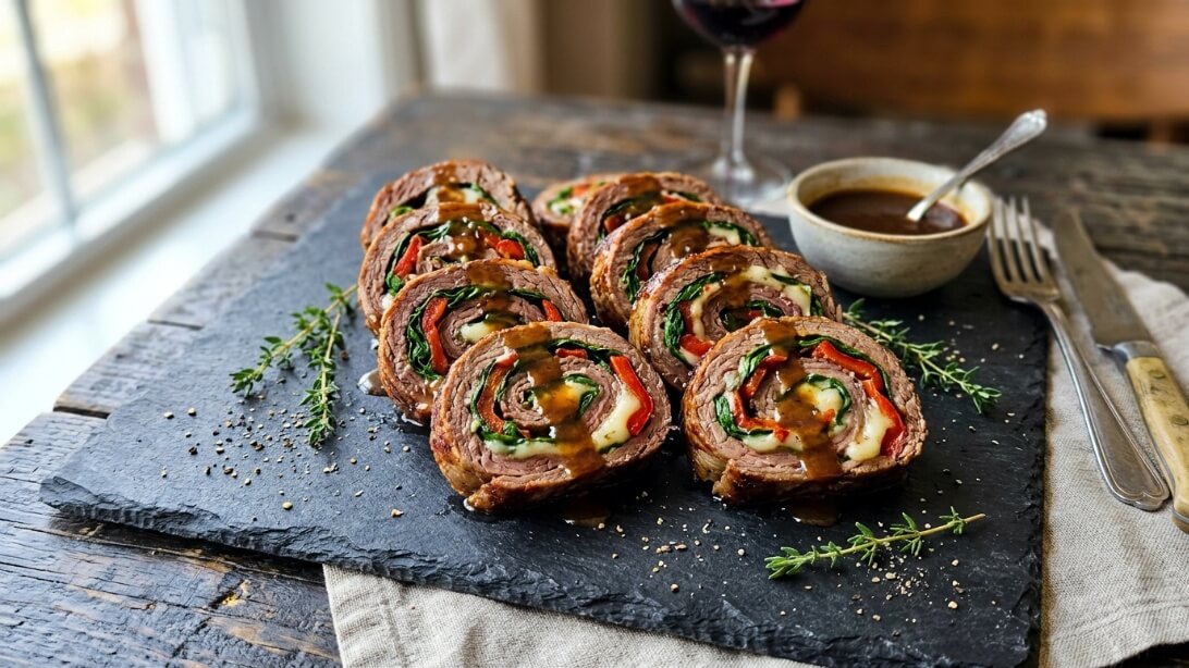 Sliced Beef Roll Ups showing a colorful filling of spinach, red peppers, and melted provolone cheese.