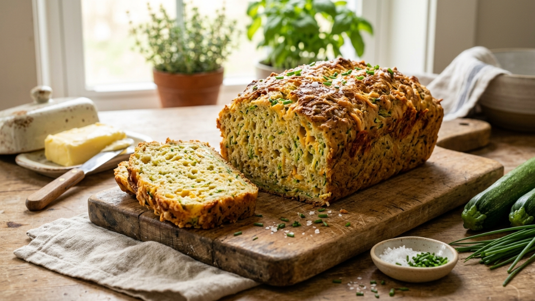 A warm slice of savory zucchini cheese bread slathered with melted butter on a wooden board.