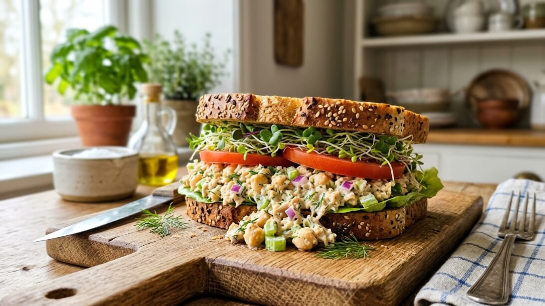 A Chickpea Tuna Salad sandwich on toasted multigrain bread with sprouts and tomato.