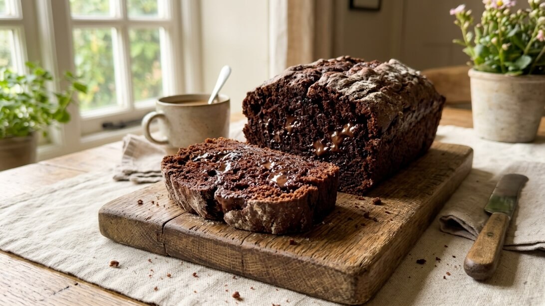 A close-up slice of moist chocolate chip zucchini bread with melted chocolate pockets on a wooden board.