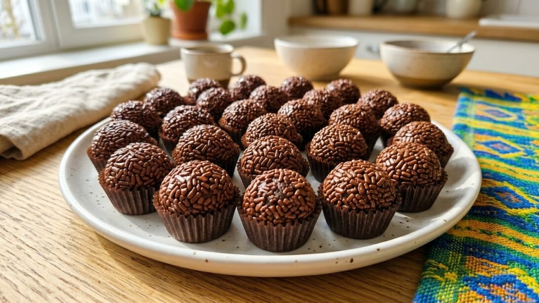 A platter of Brazilian Brigadeiros in mini liners coated in chocolate sprinkles.