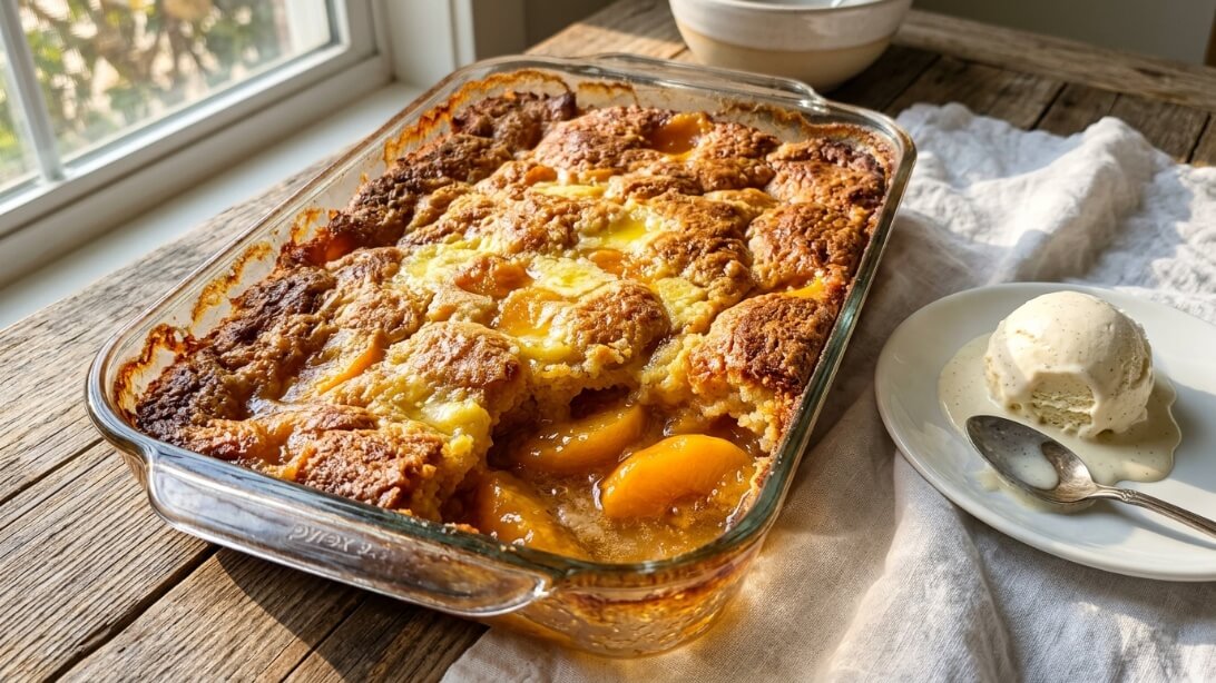 A golden-brown peach dump cake in a glass baking dish with a scoop of vanilla ice cream.