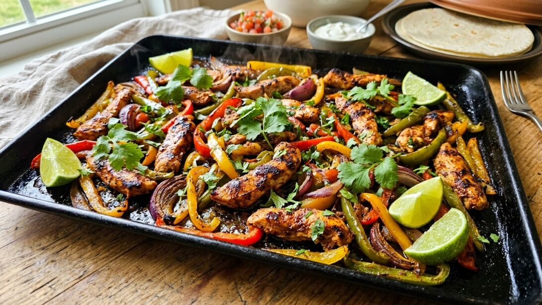 A sizzling hot pan of Easy Sheet Pan Chicken Fajitas with roasted peppers and lime.