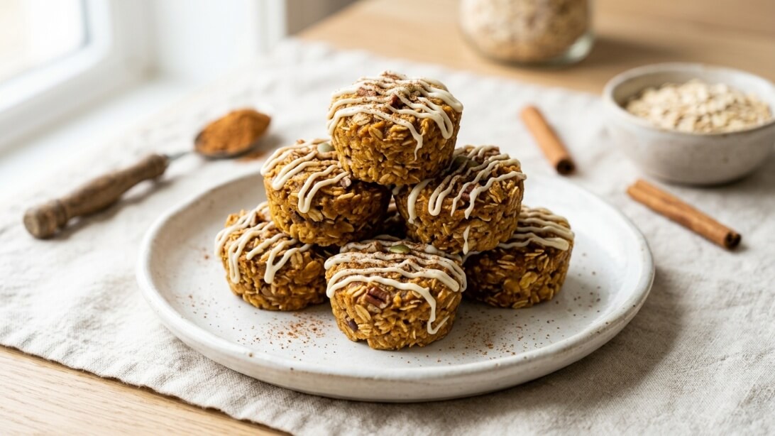 A stack of healthy pumpkin spice recipes oatmeal bites drizzled with white chocolate on a white plate.