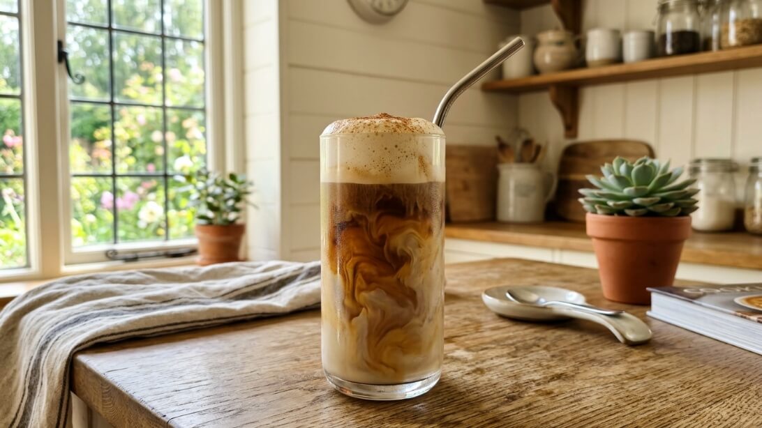 A tall glass of iced Proffee with vanilla protein and cinnamon foam.