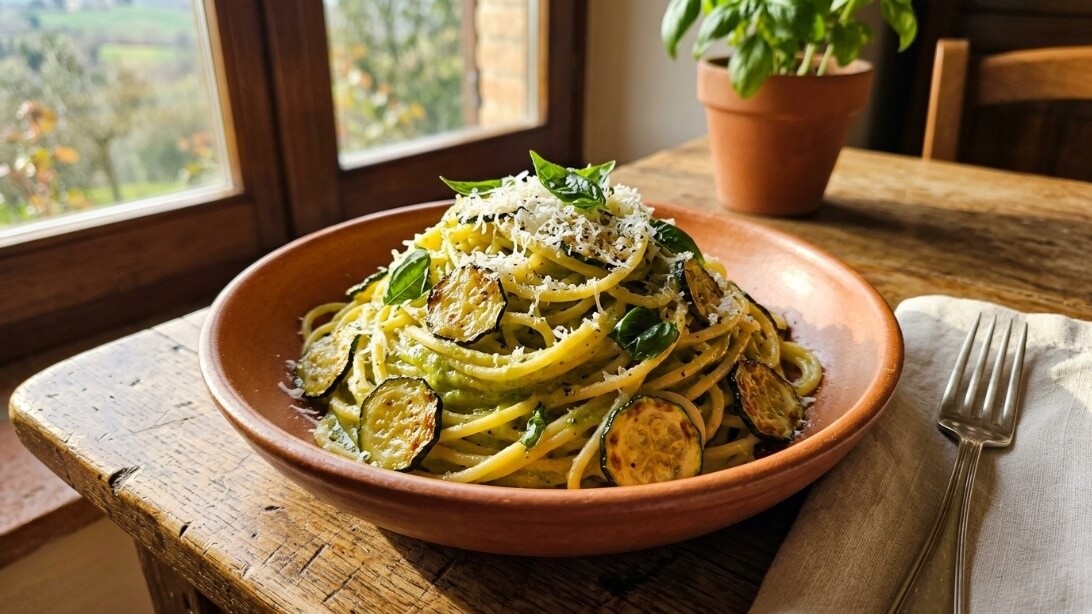 italian zucchini sauce tossed with long spaghetti in a terracotta bowl