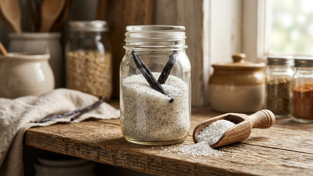 Homemade vanilla sugar jar with whole bean pods on a bright pantry shelf.