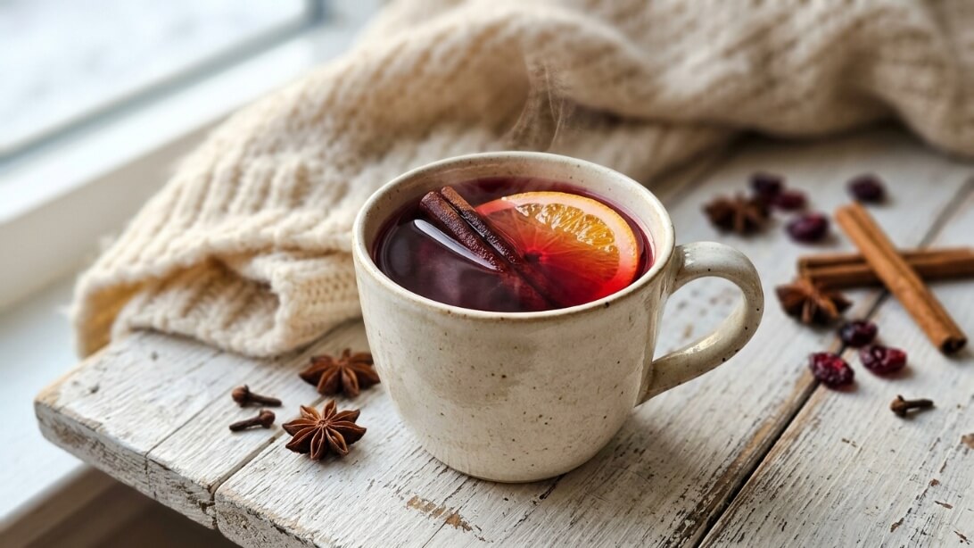 A hot spiced cranberry non alcoholic winter drink in a ceramic mug garnished with a cinnamon stick and orange slice.