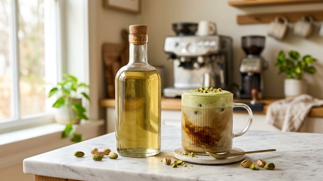 Pistachio syrup for coffee bottle next to an iced latte on a white marble counter.