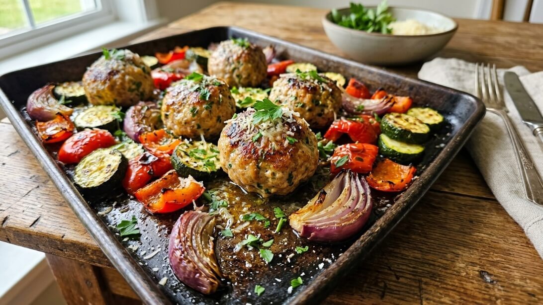 A large sheet pan filled with golden roasted meatballs, charred zucchini, and red bell peppers.