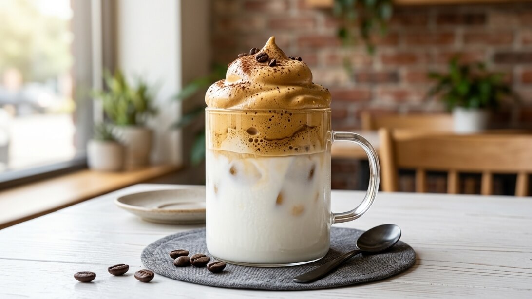 Thick golden whipped dalgona coffee cream layered on top of a cold glass of milk with ice cubes.