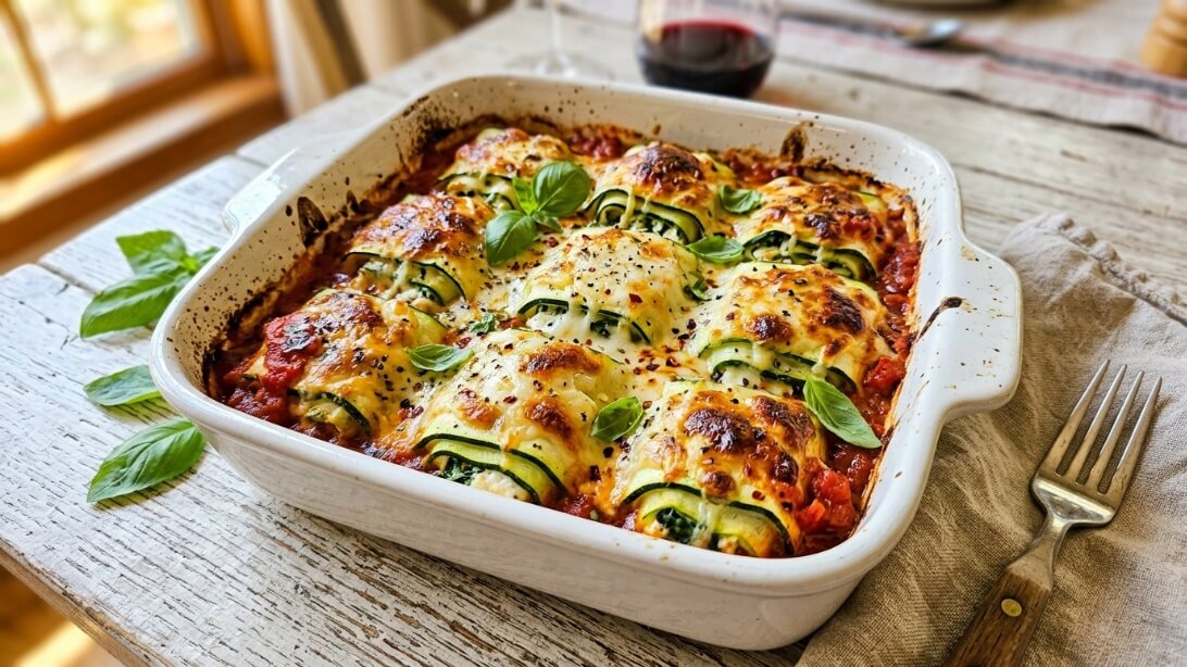 zucchini lasagna rolls with melted mozzarella cheese in a white baking dish