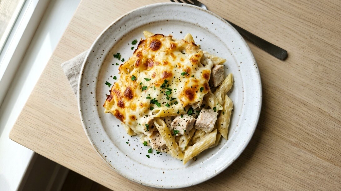 A portion of creamy chicken alfredo dump and bake casserole with melted cheese on a white plate