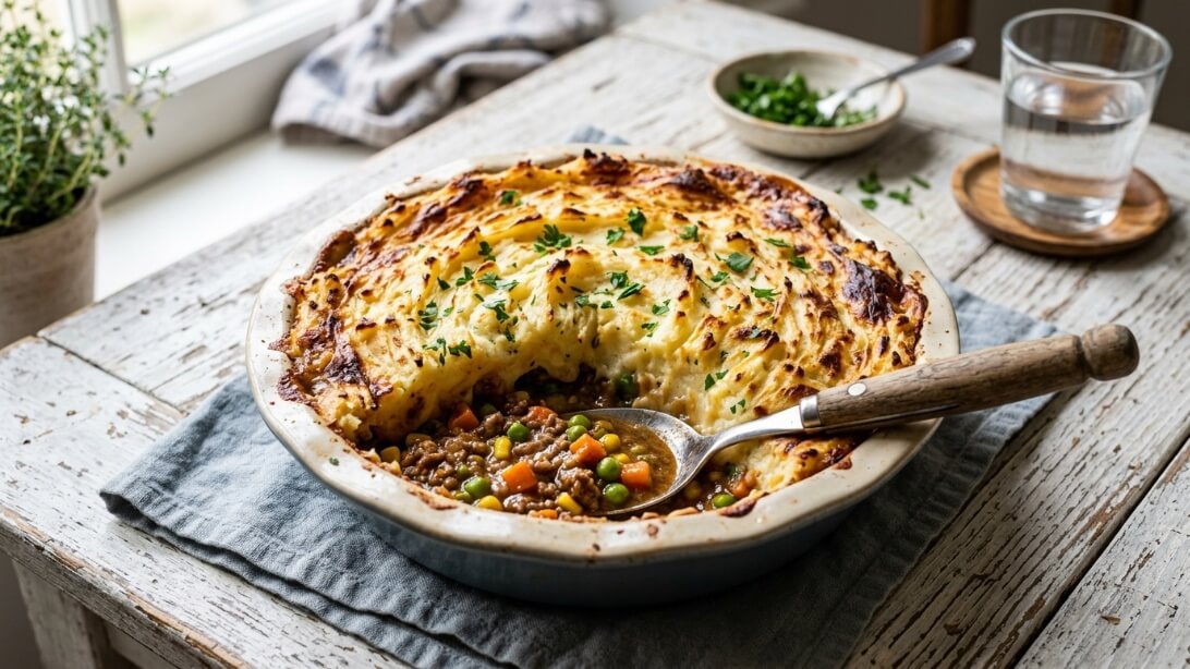 A freshly baked easy shepherd's pie in a round ceramic dish with toasted mashed potato peaks and a spoonful removed showing beef filling.